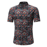 Tan with Black Multi Color Mens Short Sleeve Button up Shirts - Tailored Slim Fit Cotton Dress Shirts - Amedeo Exclusive